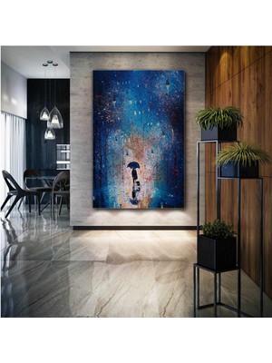 SML Tablo Gece Sokak Lambası Altında Yağmurda Yürüyen Şemsiyeli Çift Aşk Love Manzara Kanvas Tablo