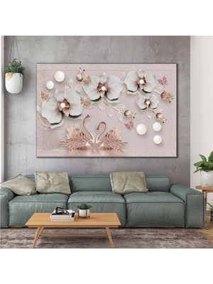 SML Tablo İnci Çiçek Kuğ Çifti 3D Kabartma Efektli Modern Dekoratif Kanvas Tablo