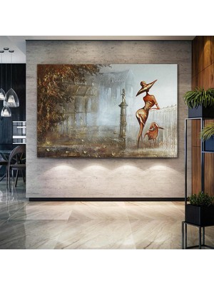 SML Tablo Manzara Seyreden Kadın Ve Köpeği Bronz Şehir Manzarası City Kanvas Tablo