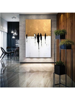 SML Tablo Sokakta Yürüyen İnsanlar Soyut Siyah Beyaz İnsanlar Gold Dekoratif Kanvas Tablo