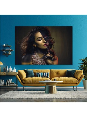 SML Tablo Pırlanta Gerdanlıklı Kadın Makyaj Modern Kuaför Kırmızı Ruj Kanvas Tablo