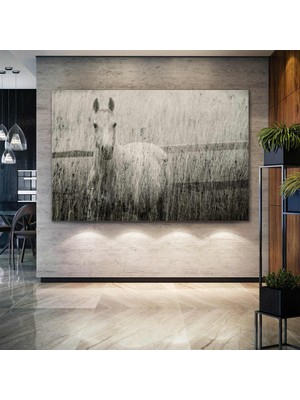 SML Tablo Otlar İçindeki Beyaz At Asalet Doğ Manzara Hayvan Kanvas Tablo