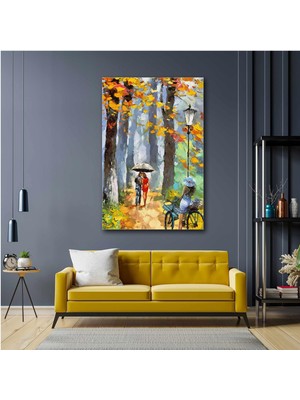 SML Tablo Sonbaharda Ağaçlar Altında Yürüyen Şemsiyeli Çift Ve Bisikletli Kız Aşk Doğa Manzara Ağaç Sokak Lambası Kanvas Tablo