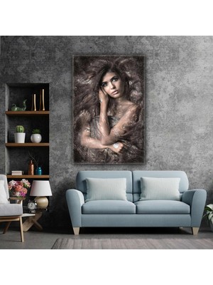 SML Tablo Gümüş Dövmeli Uzun Saçlı Kadın Dokulu Kanvas Tablo