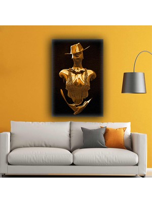 SML Tablo 3D Metal Zincirli Zırh Bronz Şapkalı Kadın Kanvas Tablo