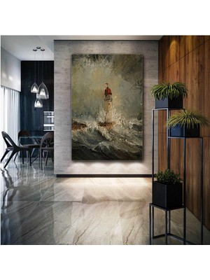 SML Tablo Dalgalar İçindeki Fener Kulesi Doğa Yağlı Boya Efektli Manzara Dekoratif Kanvas Tablo