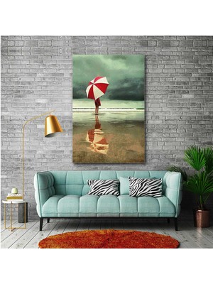 SML Tablo Kırmızı Beyaz Şemsiyeli Sahildeki Kadın Doğa Manzara Deniz Dekor Kanvas Tablo