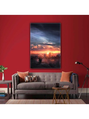 SML Tablo Kırmızı Şemsiye Gün Batımı Yağmur Kanvas Tablo