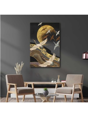 SML Tablo Uçan Kuşlar Altın Gold Dekoratif Modern Sanat Leylek Göç Kanvas Tablo