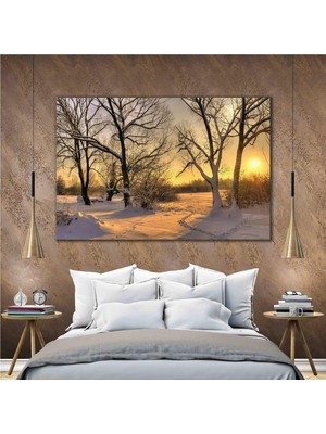 SML Tablo Kar Yağmış Orman Ağaç Gün Batımı Manzara Doğa Kanvas Tablo