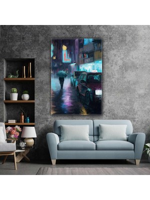 SML Tablo Gece Şehir Yağmur Soyut Neon Işık City Karanlık Kanvas Tablo