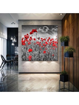 SML Tablo Gün Batımında Gelincik Çiçeği Bahçesi Kırmızı Çiçek Doğa Manzara Kanvas Tablo