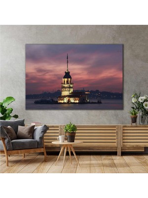 SML Tablo İstanbul Boğazı Kız Kulesi Gece Işık Görünüm Kanvas Tablo