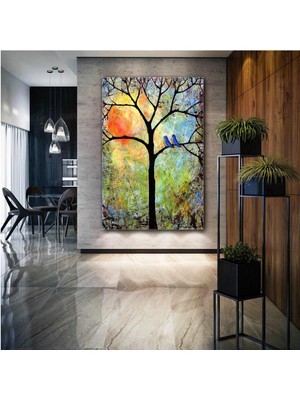 SML Tablo Ağaçtaki Mavi Kuşlar Gün Batımı Doğa Manzara Soyut Kanvas Tablo