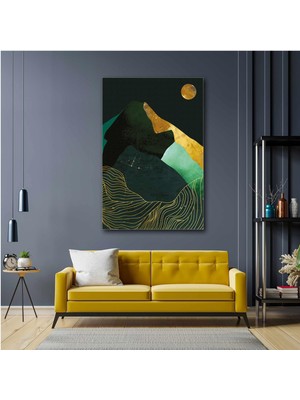 SML Tablo Turkuaz Gold Dağ Manzara Doğa Soyut Sanat Altın Çizgili 3 Kanvas Tablo