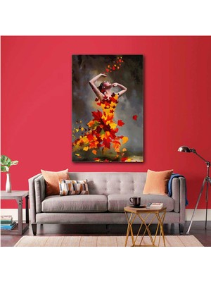 SML Tablo Yaprakları Uçuşan Doğa Kadın Sonbahar Woman Manzara Kanvas Tablo