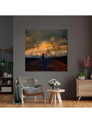 SML Tablo Sokakta Yürüyen Kırmızı Şemsiyeli Kadın Ve Köpeği Doğa Manzara Dekor Kanvas Tablo