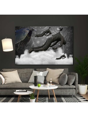 SML Tablo Bulut Üstünde Uçan Baygın Adam Karga Sürrealizm Kanvas Tablo