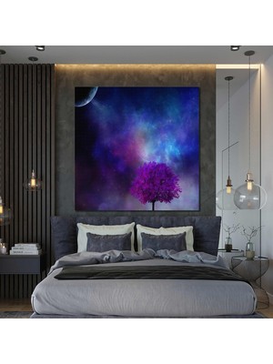 SML Tablo Yıldızlar Altındaki Mor Ağaç Doğa Manzara Gece Ay Gezegen Galaksi Kanvas Tablo