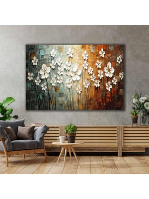 SML Tablo Degrade Geçişli Yağlı Boya Efektli İnci Çiçekler Kanvas Tablo