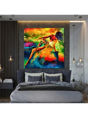 SML Tablo Saçlarını Savurmuş Beyaz Elbiseli Kadın Nü Rengarenk Doğa Kanvas Tablo