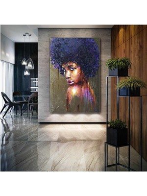 SML Tablo Kırmızı Rujlu Kıvırcık Saçlı Afrikalı Kadın Yağlı Boya Efektli Kanvas Tablo