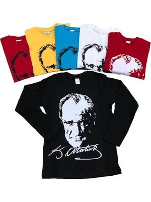 Dıgıl Kids Atatürk Uzun Kollu Penye Süper Tişört 23 Nisan 29 Ekim 10 Kasım Siyah Beyaz Kırmızı Sarı Turkuaz