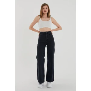 Trn JNS Kadın Siyah Yüksek Bel Geniş Paça Wide Leg Kot Pantolon