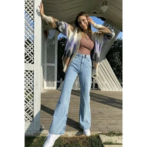 Kadın Mavi Kar Yıkama Süper Yüksek Bel Likralı Bol Paça Denim Kot Pantolon