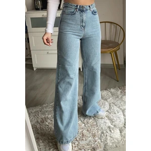 Albert  Kadın Mavi Kar Yıkama Süper Yüksek Bel Likralı Bol Paça Denim Kot Pantolon
