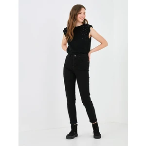 Blanka Kadın Solmayan Siyah Yüksek Bel  Likralı Mom Kot Pantolon Jeans (Tam Kalıptır)