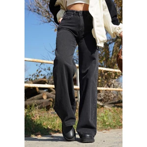 Liyan Kadın Siyah Bol Paça Detay Palazzo Jean Salaş Paça - Siyah Salaş Kot Pantolon