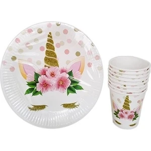 Çıtı Pıtı Store 8'li Karton Tabak ve Bardak Çiçekli Unicorn
