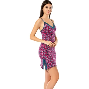 6371 Ince Askılı Çiçek Desen Baskılı Kadın Yırtmaçlı Dantel Kısa Gecelik