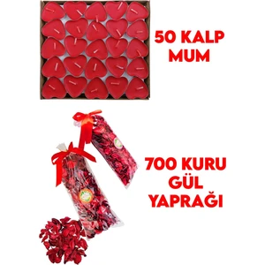 50 Mum + 700 Kuru Gül Yaprağı, Kalpli Mum ve Kuru Gül Yaprakları