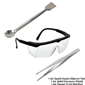 AtelSan Laboratuvar Öğrenci Seti - A / Spatül Öğrenci Tipi + Şeffaf Koruyucu Gözlük + Penset 13 cm Düz-Sivri