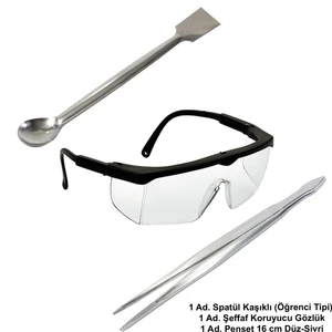 AtelSan Laboratuvar Öğrenci Seti - B / Spatül Öğrenci Tipi + Şeffaf Koruyucu Gözlük + Penset 16 cm Düz-Sivri