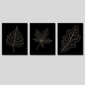 Haydi Dekor Gold Temalı Yaprak Çizim 3'lü Ahşap Mdf Tablo Set
