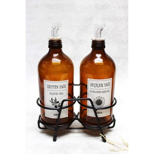 Amber 500 ml Şişe Siyah Standlı Şeffaf Akıtıcılı Mantar Tıpa Yağdanlık Yağlık