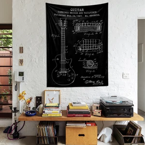 The Lucid Lab Gibson Les Paul Gitar Chalkboard Tapestry  Gitarlı Siyah Duvar Örtüsü Müzik Oda Dekorasyonu
