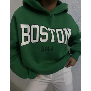 Kadın Boston Baskılı Kapüşonlu  Şardonlu Yeşil Swaetshirt
