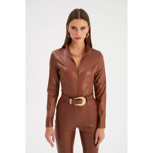 Fermuarlı Deri Bodysuit - Kahve