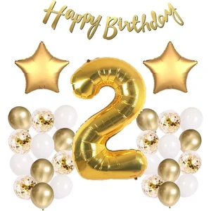 Çıtı Pıtı Store Gold Konsept 2 Yaş Doğum Günü Kutlama Seti; Beyaz Gold Konfetili Balon, Rakam Yıldız Folyo ve Banner