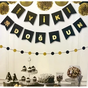 Çıtı Pıtı Store Siyah Üstüne Gold Altın Sarısı Yaldızlı Iyiki Doğdun Yazılı Doğum Günü Partisi Karton Yazı Banner