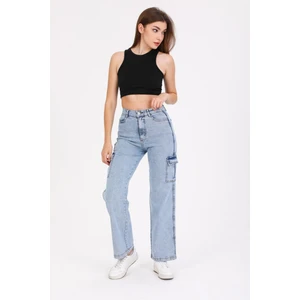 Buz Mavi Kargo Cepli Likralı Bol Paça Kot Pantolon Wide Leg Jean