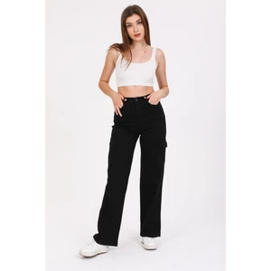 Siyah Kargo Cepli Likralı Bol Paça Kot Pantolon Wide Leg Jean