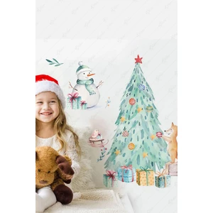 Yılbaşı Ağacı ve Sevimli Hayvanlar Cam Duvar Sticker Seti, Yılbaşı Sticker Yılbaşı Süsü