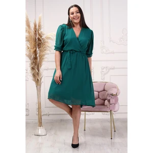 Neşeli Butik Kadın Yeşil Kruvaze Yaka Midi Boy Büyük Beden Şifon Elbise NB8062