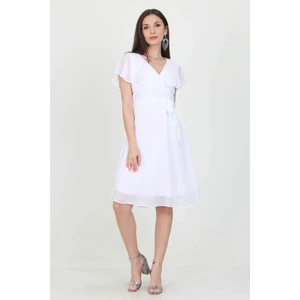 Neşeli Butik Kadın Midi Boy Yeni Sezon Kruvaze Yaka Melek Kol Şifon Elbise RY8081