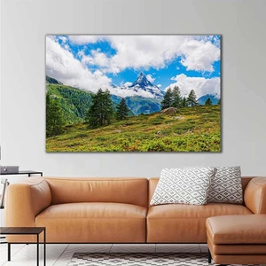 SML Tablo Karlı Dağ Manzaralı Bulutlu Ağaçlar Doğa Temalı Kanvas Tablo